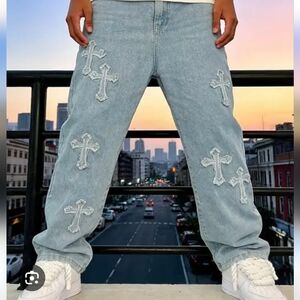 Men's Xlarge Cross Patch Jeans Baggy Straightleg Streetwear Hiphop Gothic